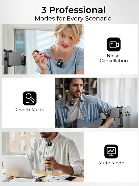 Wireless Lavalier Microphone for iPhone with 40dB Noise Cancellation, shown in use for noise cancellation, reverb, and mute modes