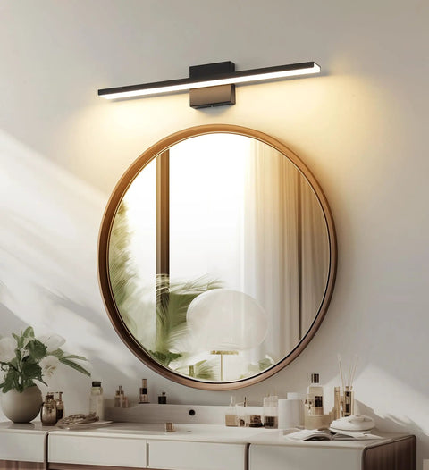 Modern Matte Black 16 Inch Aluminum Vanity Light Sconce For Bathroom Mirror Lighting above round mirror, warm white glow