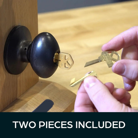 Lockout Key For Kwikset Door Locks Lifesaver For Pros And Landlords, quick outside locking solution shown with brass keys and door knob.