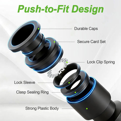 Diagram of Complete 45 Piece Quick Connect Drip Irrigation Fittings Kit showing lock clip and clasp sealing ring
