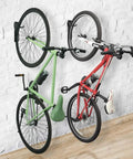 Garage Wall Mount Bike Storage Rack 2 Pack, Vertical Bike Hooks, Space Saver Hanger System For Garages, Anti Scratch Rubber Coated Hooks, Easy Install shown with bikes mounted on brick wall.