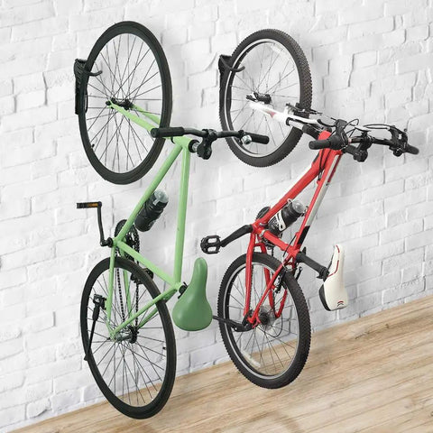 Garage Wall Mount Bike Storage Rack 2 Pack, Vertical Bike Hooks, Space Saver Hanger System For Garages, Anti Scratch Rubber Coated Hooks, Easy Install shown with bikes mounted on brick wall.