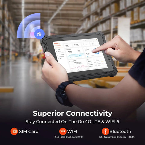 Ready For The Daily Grind 8 Inch Rugged Windows Tablet With Built In Barcode Scanner And Intel Celeron N4680 Running Windows 11 Pro To Fast Track Warehouse Inventory Operations Without Breaking A Sweat showing 4G LTE connectivity and screen display.