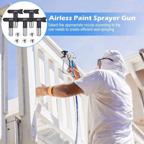 Man using 12 Piece Pro Grade Airless Paint Sprayer Gun Kit With Nozzle Guard 5 Reversible Tips Set And 5 Mesh Filters outdoors