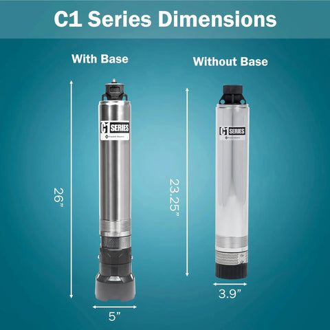 Heavy Duty Workhorse One Half Horsepower 115 Volt Submersible Cistern Effluent Pump dimensions comparison with base and without base.