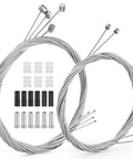 All In One Mountain Bike Brake Cable Kit Upgrade For MTB Ride Ready Pro Grade Full Replacement With 4 Brake Cables 2 Shifter Cables Housings End Caps O Rings And Universal Derailleur Cables Set displayed with cables and components.