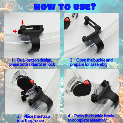 Two Pack Snorkel Clips Universal Plastic 25mm Snorkel Holder And Retainer For Scuba Diving And Snorkeling Gear Quick Release Air Tube Keeper Durable Snorkel Clip Replacement assembly guide with step-by-step instructions and close-up views of dual-button design and buckle mechanism.