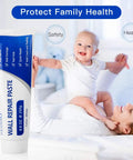 Wall repair paste tube labeled 8.8 oz, shown next to a child playing on a bed, emphasizing safety and health.
