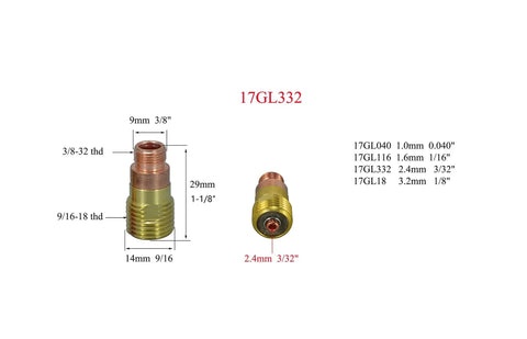 Pro Grade TIG Stubby Gas Lens Collet Bodies Kit for 17 18 26 TIG Torches, dimensions of 17GL332 collet body shown