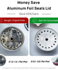 Comparison of bought Nespresso pod and self-DIY reusable aluminum foil lid for VertuoLine, showing cost savings per pod