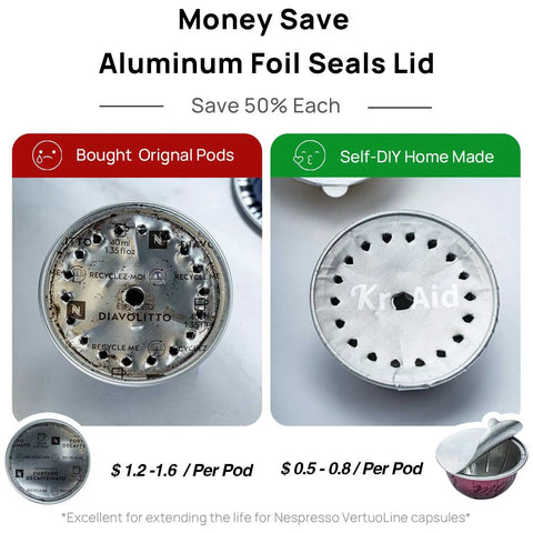 Comparison of bought Nespresso pod and self-DIY reusable aluminum foil lid for VertuoLine, showing cost savings per pod