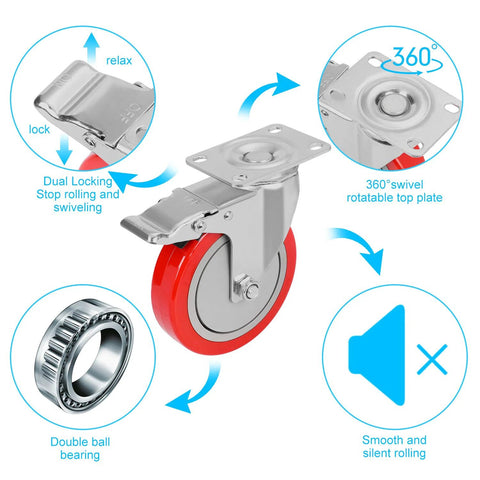 5-inch plate caster wheel with red wheel, metal swivel housing, dual locking brake
