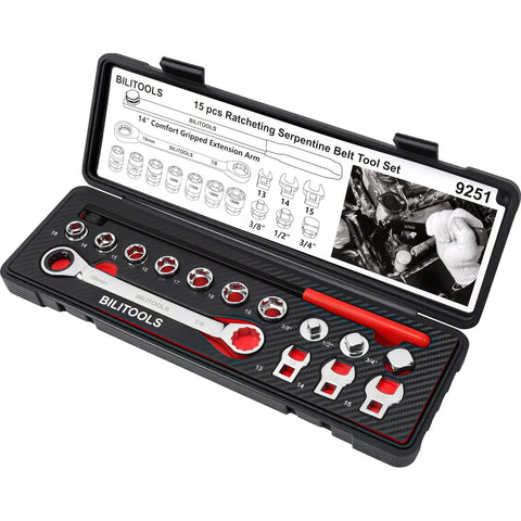 Serpentine Belt Tool Set for Vehicles With Spring Tensioner, 15 Piece Universal Kit with ratcheting wrench and socket adapters in case
