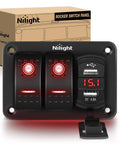 2 Gang Rocker Switch Panel With Red Backlight, 4.8 Amp Dual USB Charger, Voltmeter, Waterproof 12V 24V DC displayed with box