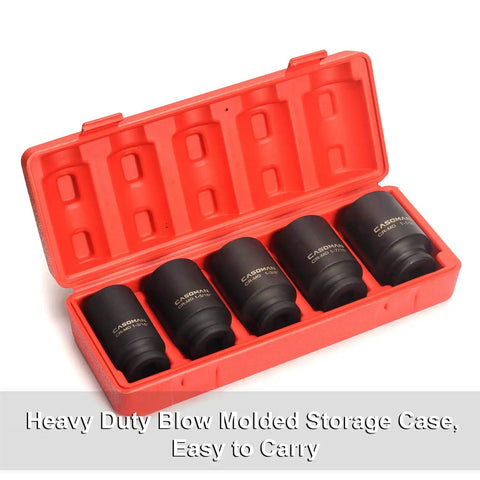 Half Inch Drive Deep Axle Nut Impact Socket Set in red storage case, 6-Point Cr-Mo Steel Extra Deep Inch Sizes 1 3/16 to 1 1/2