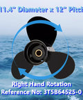 11.4 Diameter By 12 Pitch Aluminum Outboard Propeller For Tohatsu 35-50HP Engines, 13 Spline, Right Hand Rotation, Model 3T5B645250
