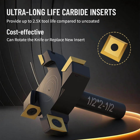 Heavy Duty Slab Flattening Router Bit With One Half Inch Shank And Two And One Half Inch Cutting Diameter, Four Wing Coated Carbide Inserts For CNC Spoilboard Surfacing, Planing Wood And MDF, Slab Leveler And Rabbeting, ATS Coating For Heat Resistance shown in close-up