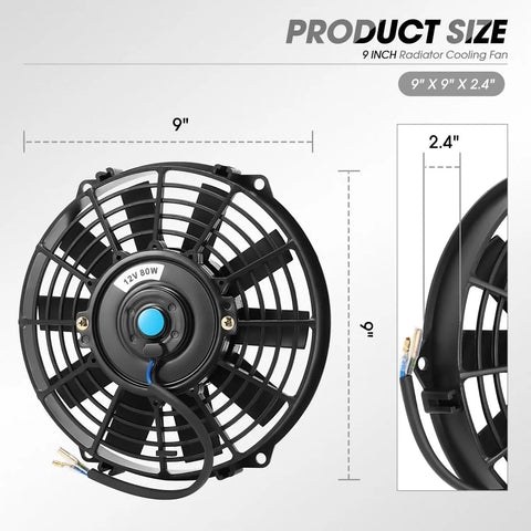 9 Inch High Performance Electric Slim Radiator Fan With Mount Kit Black RAF 9 FMK Push Pull Style dimensions and design