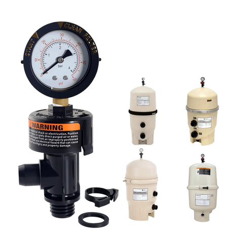 Front view: air relief valve with gauge; black plastic body, orange warning label, set of beige filter canisters nearby