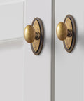 Badass Hella Smooth Antique Brass Cabinet Knobs With Oval Backplate For Kitchen Drawers And Furniture Upgrades Zinc Alloy Hardware close-up view.