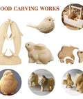 Hand-carved wooden animal figurines displayed, demonstrating results from All In One Wood Carving Kit For Beginners 35 Piece Set With Whittling Knives Carving Chisels Basswood Blocks Sandpaper Polishing Compound Leather Strop Sharpening Stone Gloves Pencil And Large Storage Tool Bag.