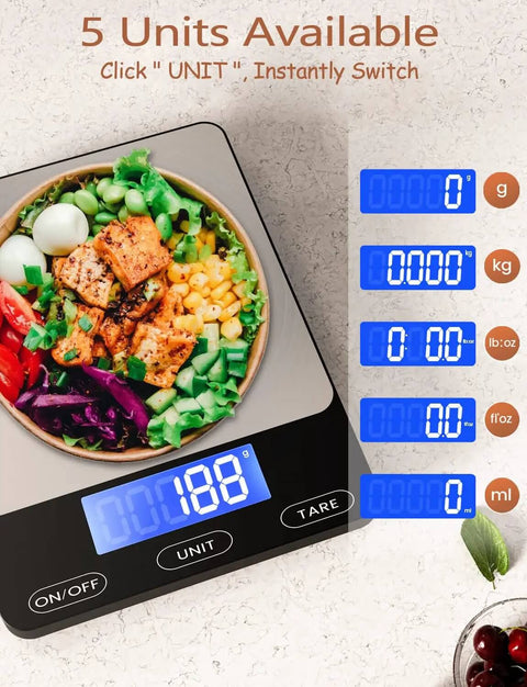 Ultra Precise 33Lb Digital Kitchen Scale With Ounces And Grams, Rechargeable 304 Stainless Steel Platform, Type C Charging, meal displayed