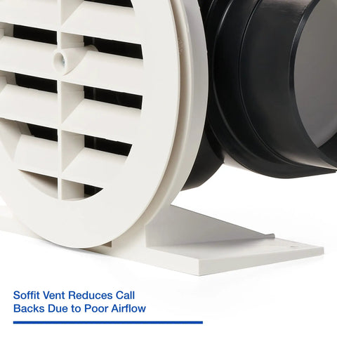 Close-up of Efficient Soffit Vent For Exhaust Fans Up To 110 CFM With 4 Inch Ducting, showing slatted vent design and smooth ductwork.