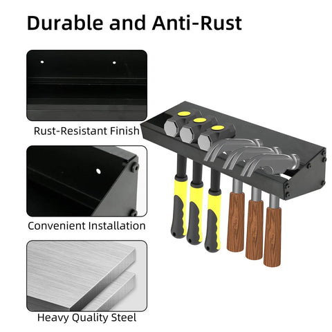 Heavy Duty Metal Hammer Holder and Hand Tool Organizer Wall Mount Rack with multiple shelves for workshop use.