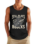 Mens Sleeveless Cotton Tank Top Built Tough For The Gym Sweat Wicking Workout Tee Breathable Fitness Tee in black with engine graphic.