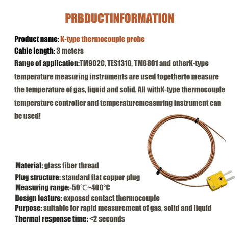 Type K Thermocouple Temperature Probe Sensor Three Meter Cables Pack Of Three High Accuracy Wire for Industrial Use