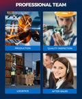 Collage depicting stages of professional services: production, quality inspection, logistics, and after-sales support.