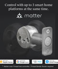 Turn Your Deadbolt Into A Smart Lock Without Replacing Keys Or Hardware With Matter Over Thread And Apple Home Key For No Key Hassle Keyless Entry And Remote Access Through Apple Alexa Google Home And SmartThings displayed on a smart lock installation kit.