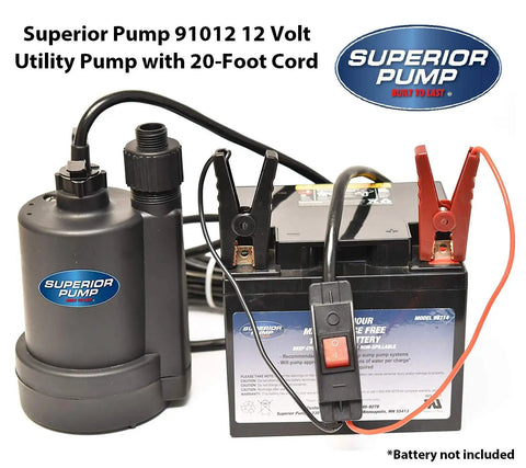 12 Volt Utility Pump with 20 Foot Cord and Battery Clips, High Capacity 1380 GPH Water Transfer Pump, battery not included