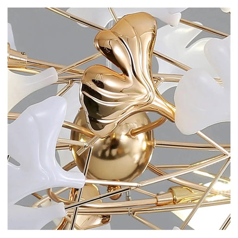 Close-up of Nordic Romantic Ginkgo Leaf Pendant Lamp for Dining Room Vintage Chandelier showing gold and white details.