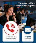 Woman on a phone headset providing support for Xenonlab, office setting with computers and colleagues in background.