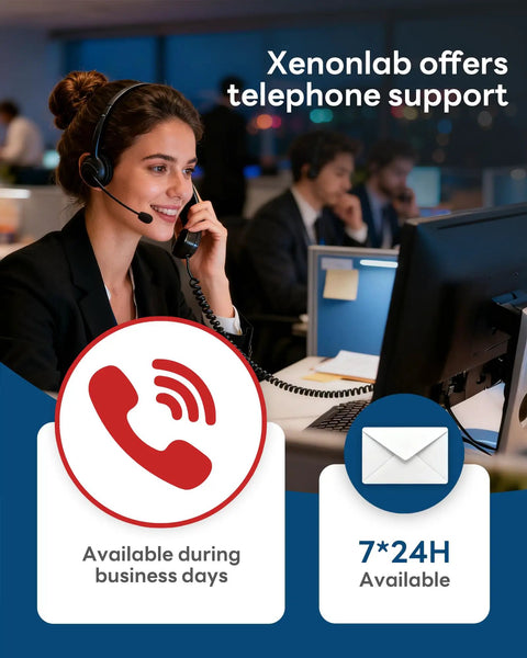 Woman on a phone headset providing support for Xenonlab, office setting with computers and colleagues in background.