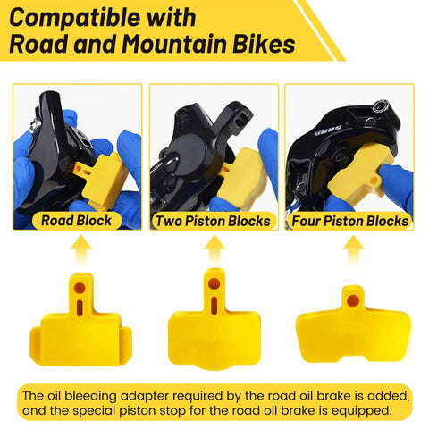 Hydraulic Disc Brake Bleed Kit With 120ml Mineral Brake Fluid Included For Shimano And Tektro shown with piston blocks for compatibility