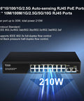 Front view of 18 Port 10G 2.5G Ethernet Switch With 16 2.5G RJ45 PoE Capable Ports And 2 10GBASE-T Uplinks, showing 210W power capability.