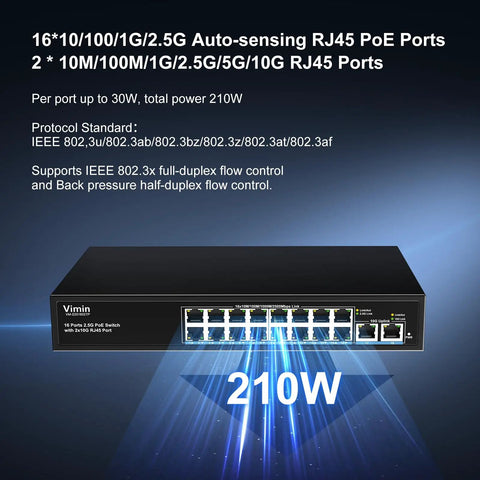 Front view of 18 Port 10G 2.5G Ethernet Switch With 16 2.5G RJ45 PoE Capable Ports And 2 10GBASE-T Uplinks, showing 210W power capability.