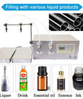 Pro Grade Automatic Liquid Filling Machine Double Head Stainless Steel Bottle Dispenser with dual nozzles and various liquid products.