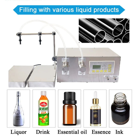 Pro Grade Automatic Liquid Filling Machine Double Head Stainless Steel Bottle Dispenser with dual nozzles and various liquid products.