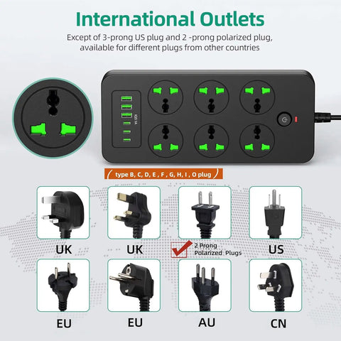 Image of a power strip with 6 universal outlets and 3 USB-C ports plus USB-A, 11-device charging, and international plug compatibility