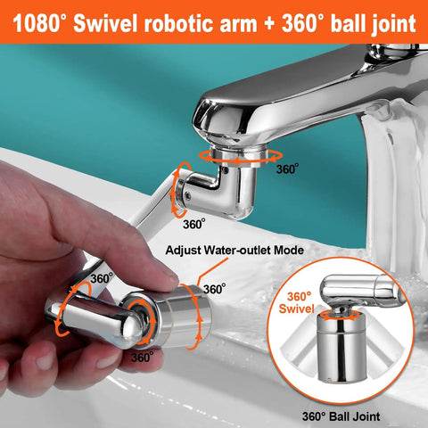 Hand adjusting 1440 Degree Faucet Aerator Extension Swivel Head with Two Spray Modes on chrome tap showing swivel directions.