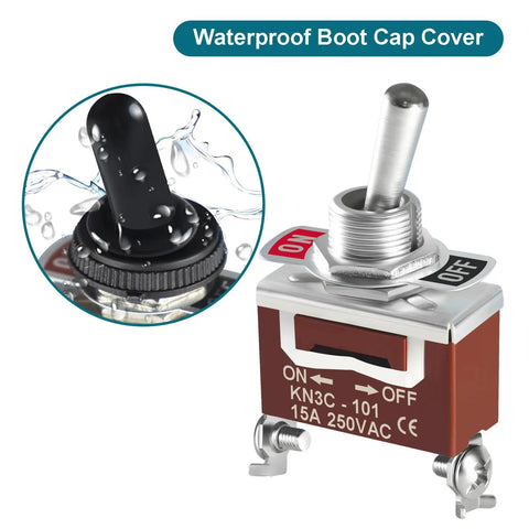 Beefy 12V DC 30A SPST Toggle Switch with waterproof boot cap for auto car marine boat, close-up of toggle and boot cover