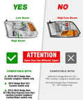 Comparison of compatible Dodge Ram headlight assembly with chrome housing and amber reflector against incompatible type.