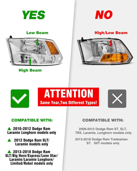 Comparison of compatible Dodge Ram headlight assembly with chrome housing and amber reflector against incompatible type.