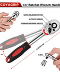 46 Piece Socket Ratchet Wrench Set One Quarter Inch Drive With Metric Sockets And Screwdriver Bit Set Extension Bar And Storage Case For Car Repair And Home DIY, showing a 1/4 inch ratchet wrench handle with quick-release button and 24 tooth design.