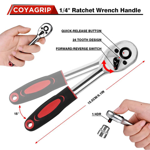 46 Piece Socket Ratchet Wrench Set One Quarter Inch Drive With Metric Sockets And Screwdriver Bit Set Extension Bar And Storage Case For Car Repair And Home DIY, showing a 1/4 inch ratchet wrench handle with quick-release button and 24 tooth design.