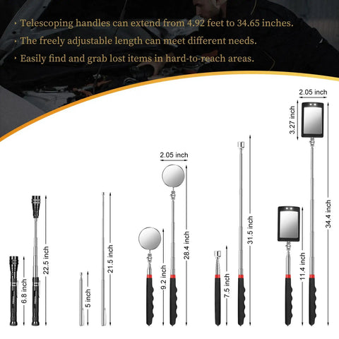 Extendable Magnetic Pickup Tool Set Five Piece With Telescoping Handles And Magnetic Flashlight Includes One Pound And Eight Pound Sticks Round And Square 360 Degree Adjustable Inspection Mirror The Perfect Gift For Him