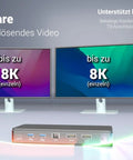 Thunderbolt 4 Docking Station delivers smooth dual 4K 8K display setup with two monitors and various ports.